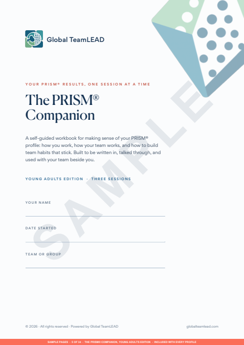 Sample cover of The PRISM Companion participant workbook, Young Adults Edition, marked as a sample