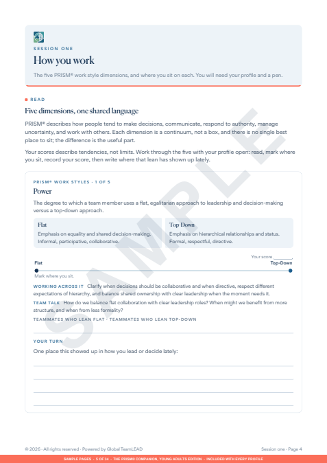 Sample workbook page on the Power dimension, with a continuum to mark and reflection prompts