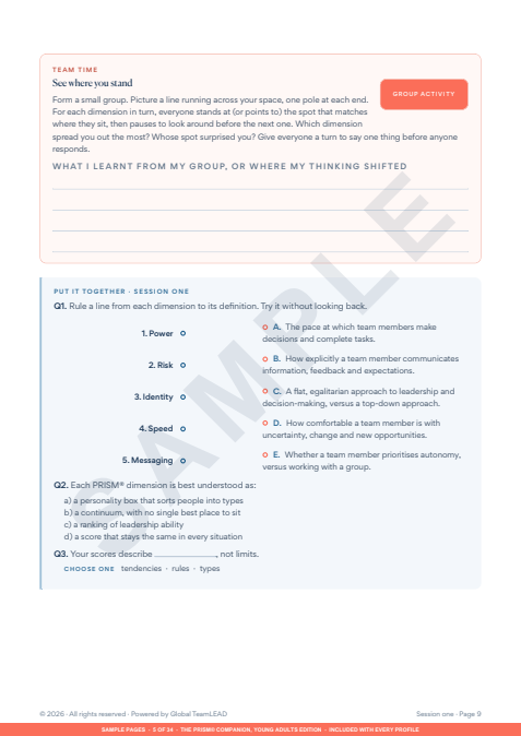 Sample workbook page with a stand-on-the-line group activity and a quick quiz including draw-a-line matching